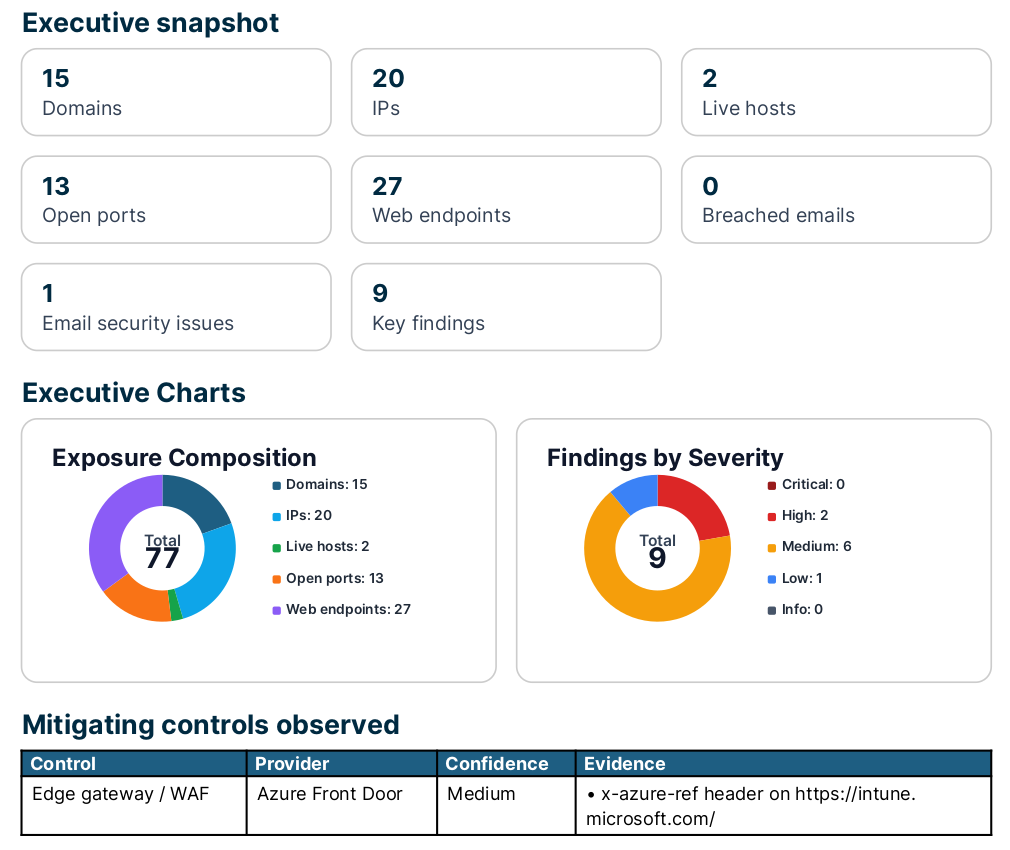 SurfaceMapper report — executive snapshot with KPI tiles, exposure composition and severity charts
